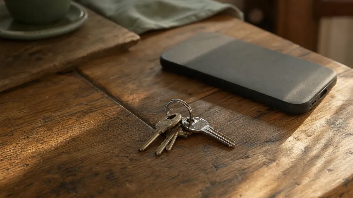 A set of house keys on a plain ring lying on a worn wooden table beside a phone face down