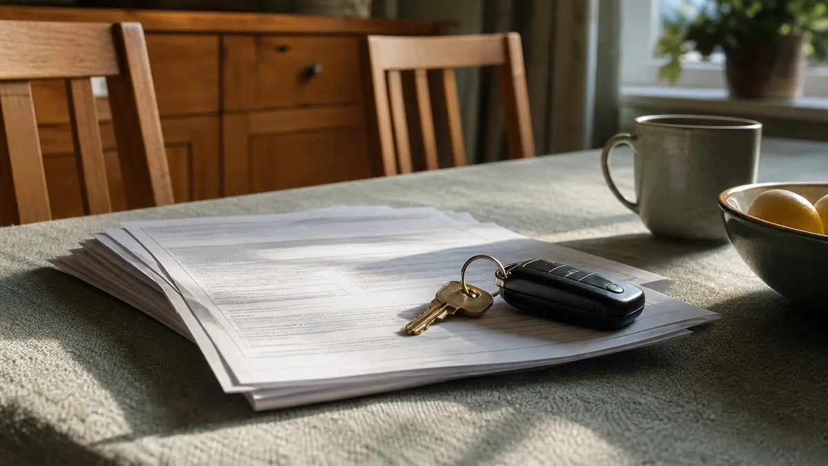 A brass front door key and a black car fob resting on a printed multi-page insurance policy on a kitchen table