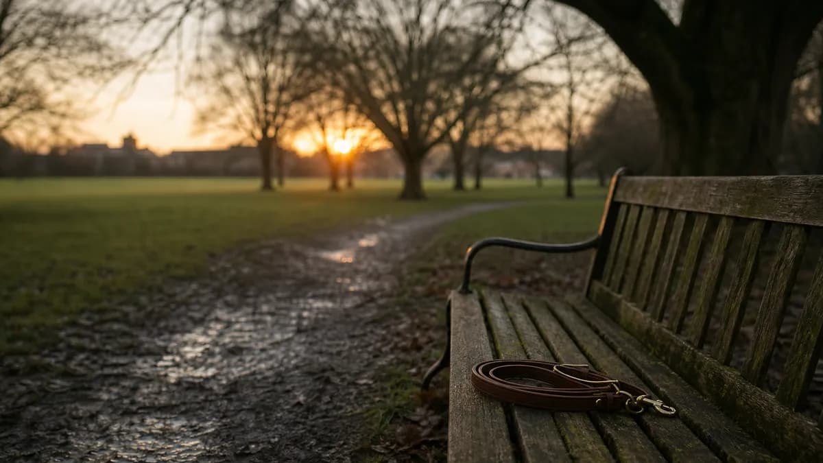 A muddy grass path beside a wooden bench in a park at dusk with a dog lead coiled on the seat