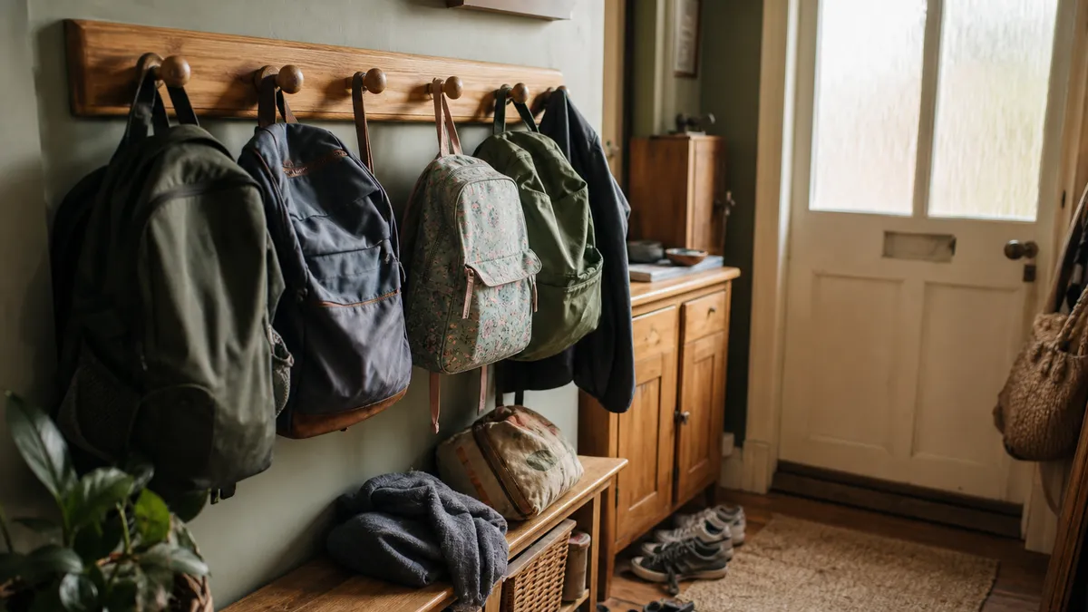 Three rucksacks and a school bag hanging from pegs in a busy hallway with shoes scattered below