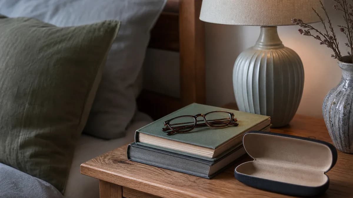 A pair of reading glasses folded on a stack of books beside a hard spectacle case on a bedside table