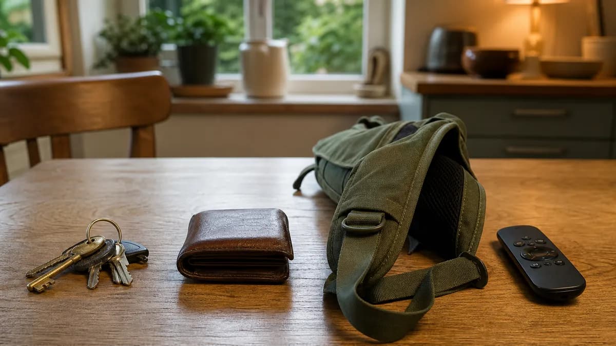 Four everyday items laid out on a kitchen table: keys, a wallet, a rucksack strap and a small remote