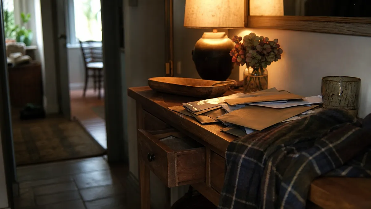 A cluttered hallway table strewn with post, a scarf and an open drawer being searched by lamplight