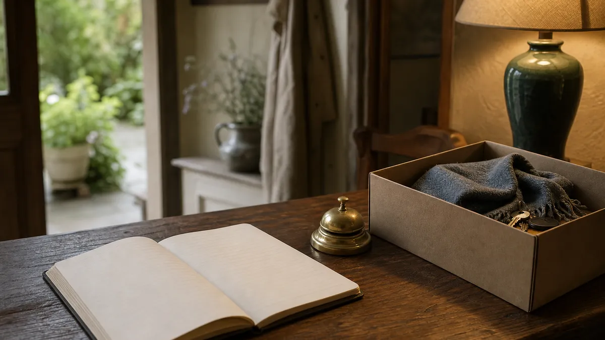 A counter bell and a paper logbook open on a reception desk beside a cardboard box of found items