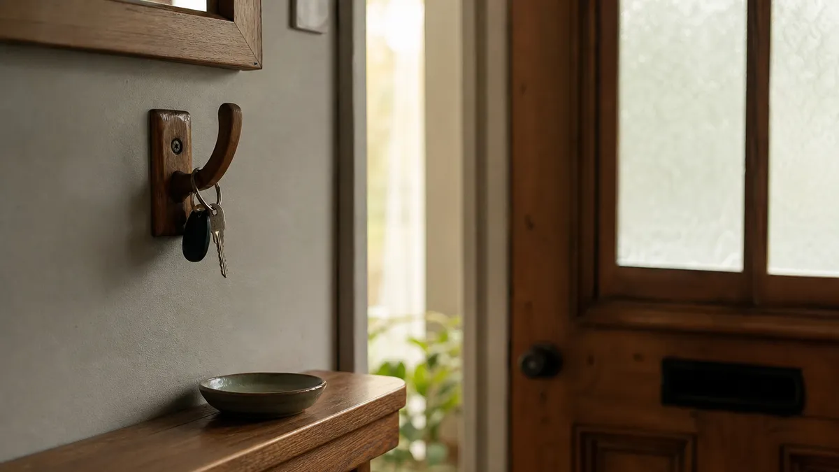 A simple wooden hook by a front door holding one set of keys above a small shallow dish on a shelf