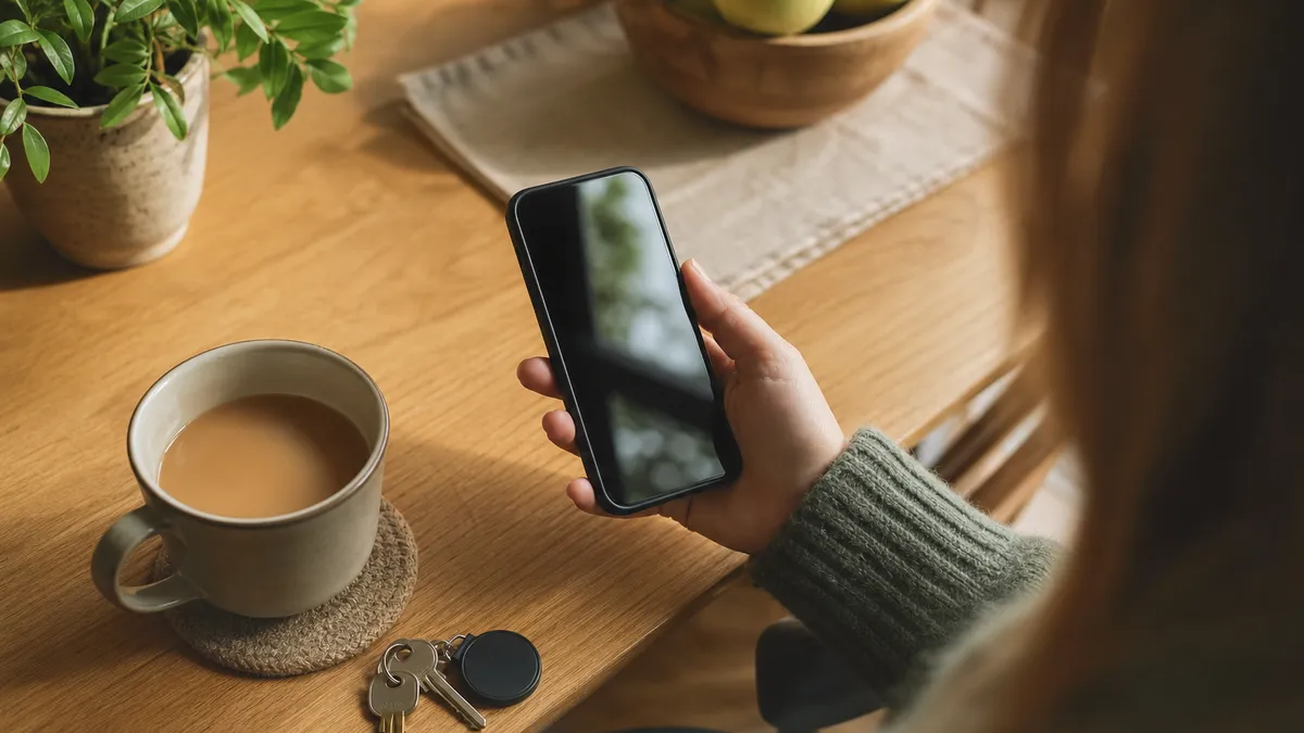 A hand holding a phone above a kitchen table with a set of keys and a small round tag beside a mug