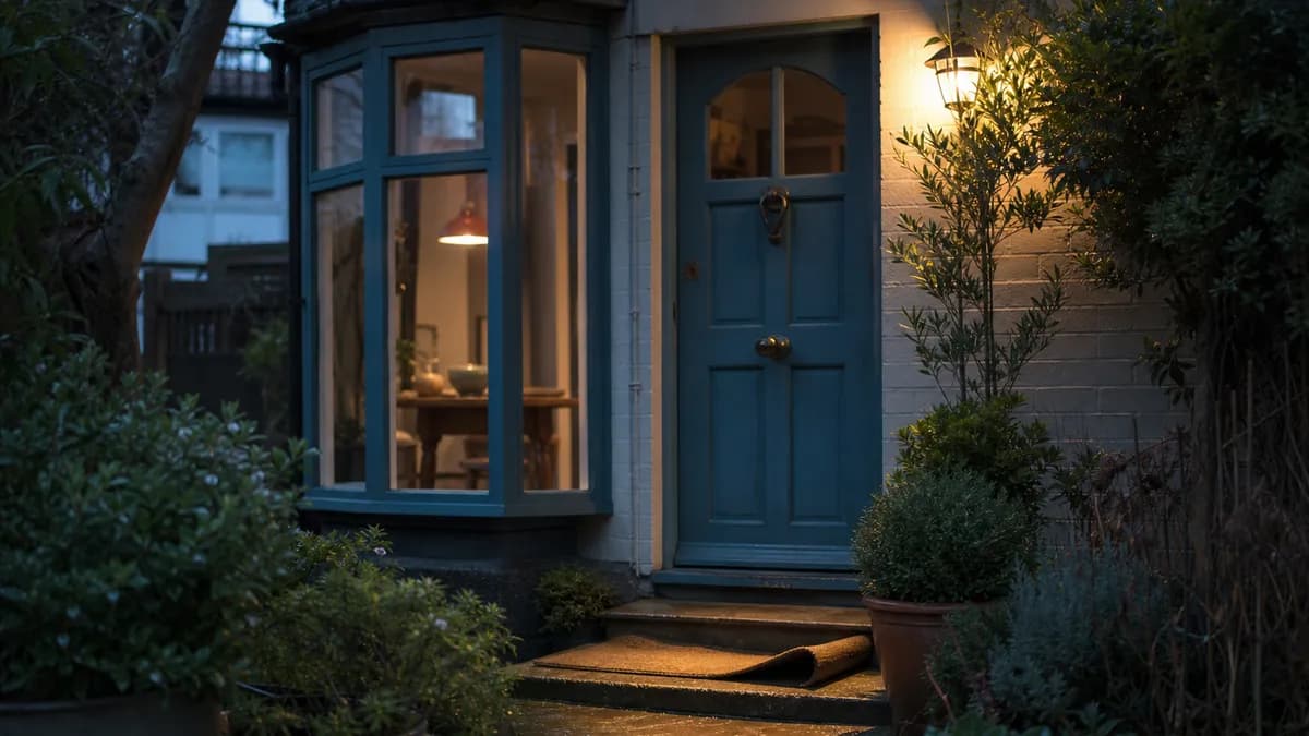 A painted front door seen from the step at dusk with a doormat lifted and a porch light glowing above