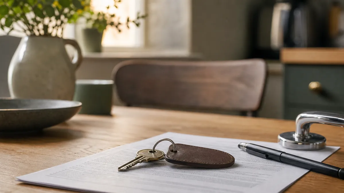 A pair of keys on a plain fob lying on a tenancy agreement beside a chrome door handle and a pen
