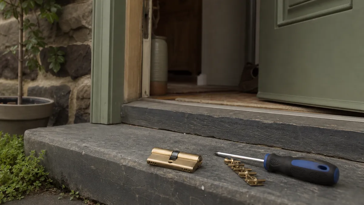 A brass euro cylinder lock removed from a front door and lying on a doorstep beside a screwdriver