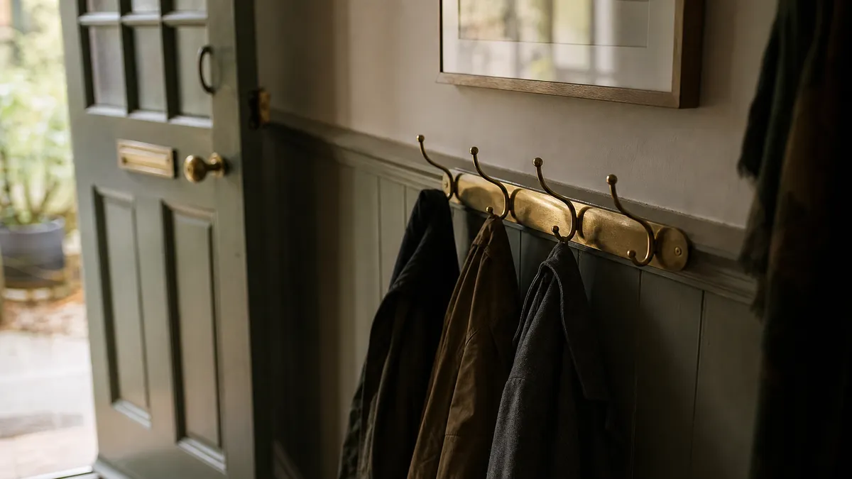 An empty hook rail by a front door with coats hanging beneath it and no keys in sight
