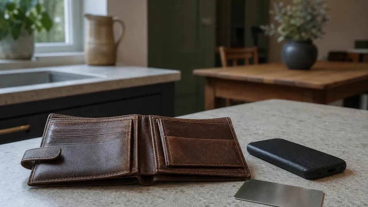 An empty brown leather wallet lying open on a kitchen worktop beside a phone and a single bank card