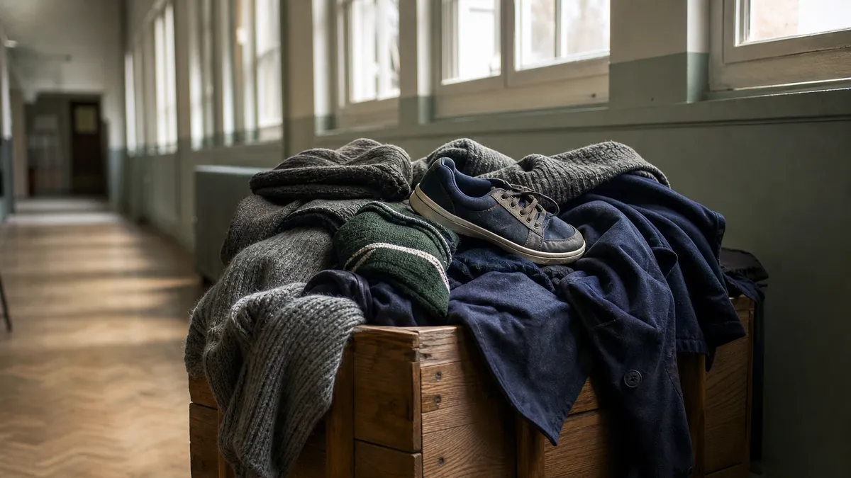 A wooden crate in a bright school corridor heaped with unlabelled jumpers, a navy coat and one lost trainer