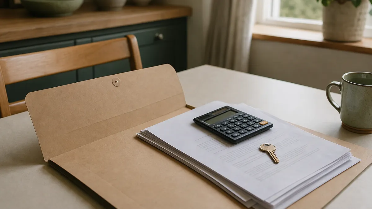 A kitchen table with an open household folder a calculator and a single house key resting on paperwork