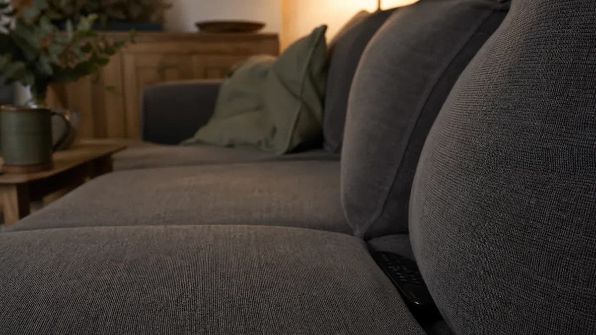 A television remote control wedged deep between two grey sofa cushions in a dim living room