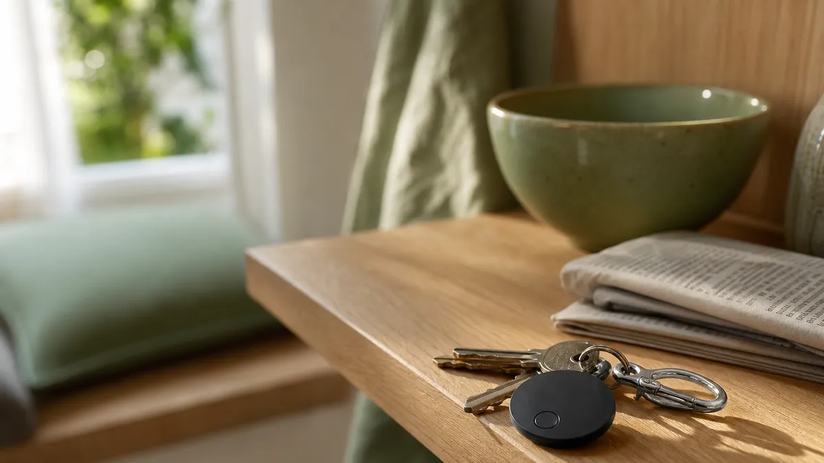 A small black coin-shaped tag hanging from a bunch of house keys on a pale wooden hallway shelf