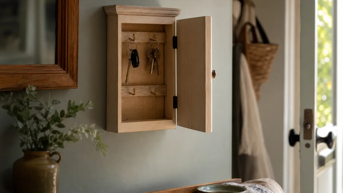 A small wooden key cupboard mounted on a hallway wall away from the door with two sets of keys hanging inside