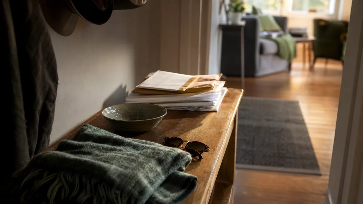 An untidy hallway console table with post a scarf a pair of sunglasses and an empty bowl for keys