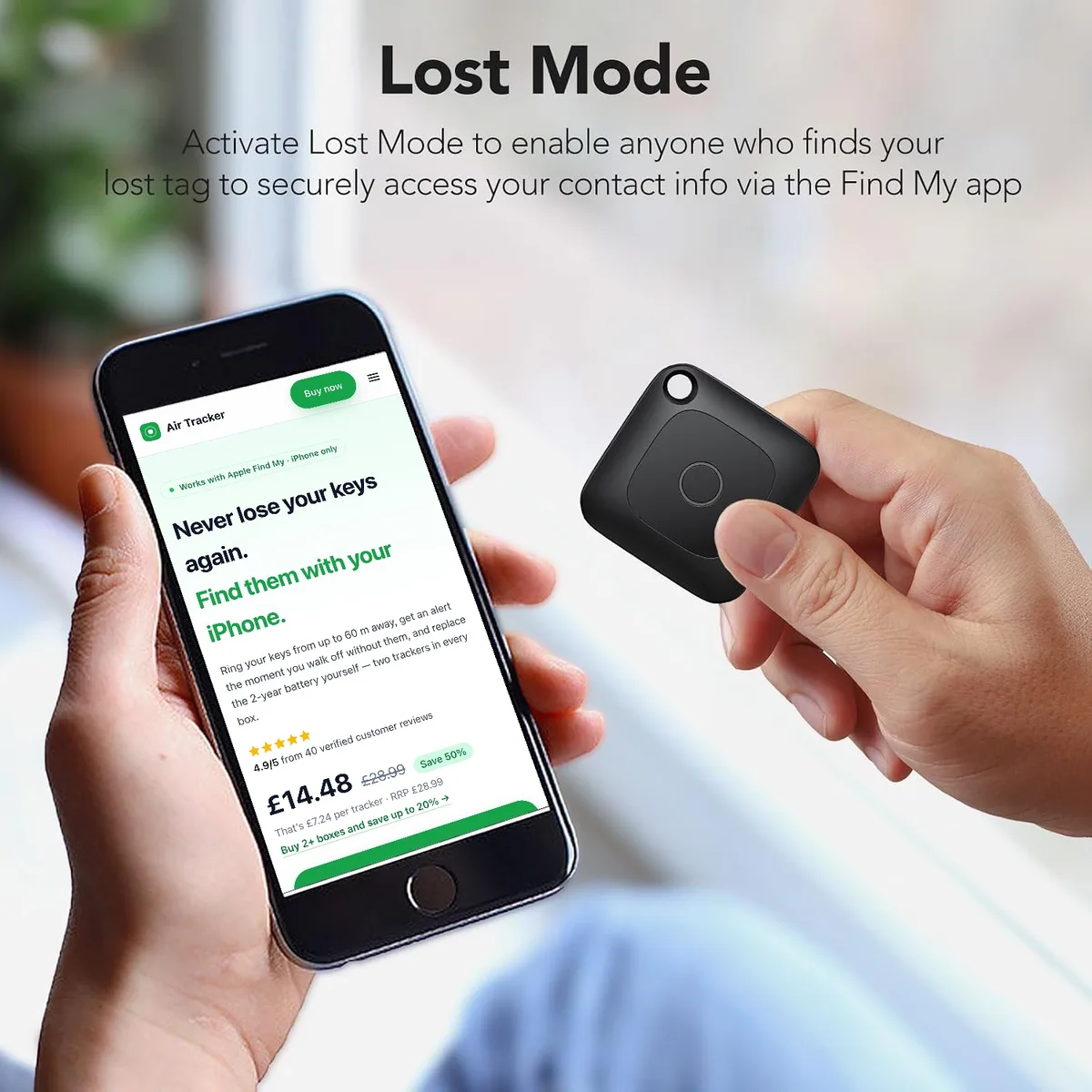 The Item Finder website open on an iPhone, held next to the tracker