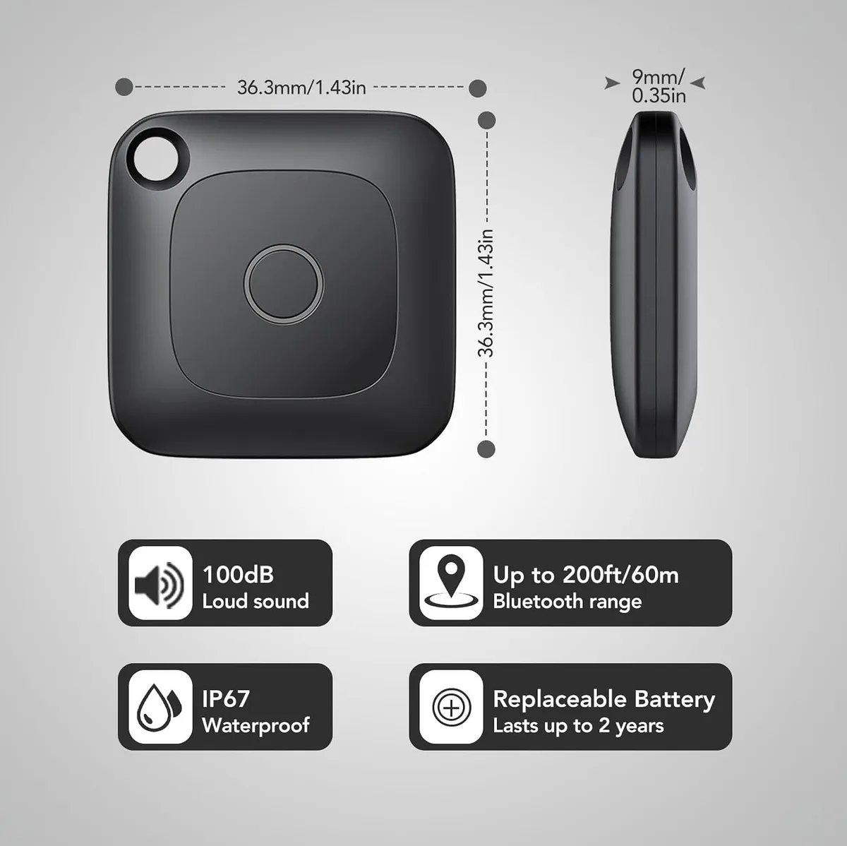 Air Tracker dimensions 36.3 mm square, 9 mm thin, IP67, up to 100 dB, 60 m range